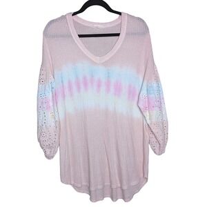 Pastel Tie Dye Waffle Knit Blouse‎ Bohemian Eyelet Puff Sleeve Shirt Cottagecore